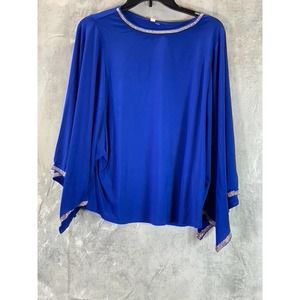 NY Collection Women's Cobalt Glitz Tape Embellished Long Batwing Top SZ P/M